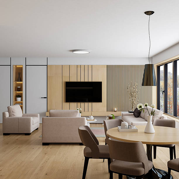 Elegant open-space apartment interior designed in modern Japandi style, featuring light pine wood flooring and wall paneling, minimalist furniture, and seamless integration of living, dining, and kitchen zones. The warm natural tones, clean lines, and large windows create a serene atmosphere ideal for showcasing architectural layouts, interior design variations, or lifestyle mockups across real estate platforms, smart home apps, and editorial content.