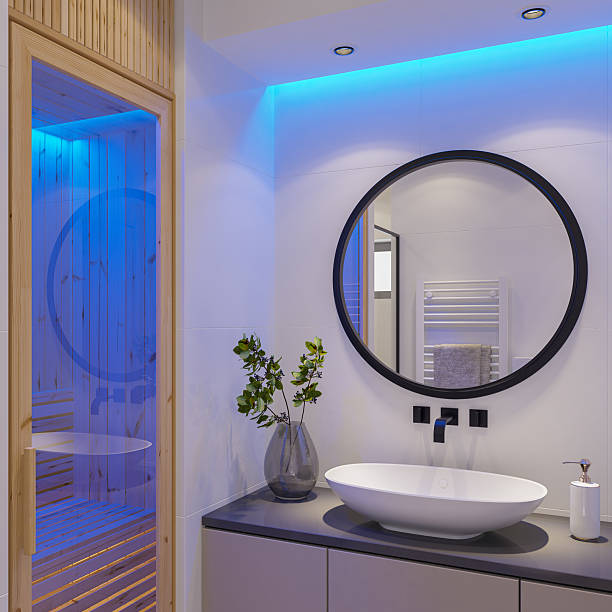 istock Small Modern Bathroom with Sauna and Blue LED Accent Lighting 2236041730