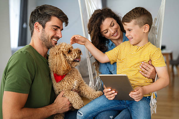 istock Parents with kid having fun online with application watching video cartoon or playing game on tablet 2236042584