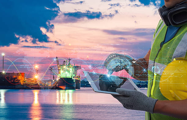 istock Smart port logistics with digital technology overlay 2236042974