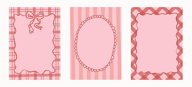 Retro pink and red decorative frames with bow, scalloped, and plaid details. Hand drawn backgrounds for holiday cards, Valentine messages, wedding notes, creative gift packaging. Vector illustration