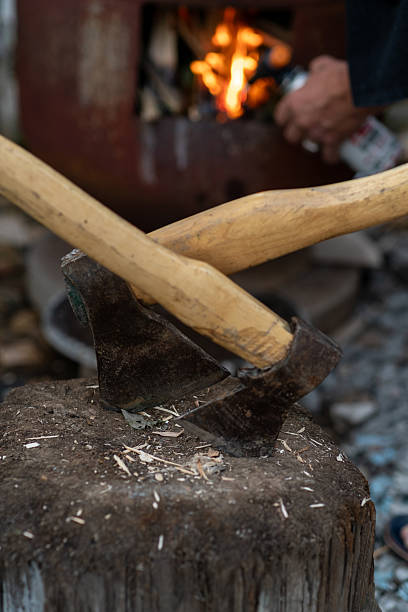istock Chopping Wood With a Sturdy Axe in a Rustic Setting During the Evening for a Warm Fire Experience 2236055547