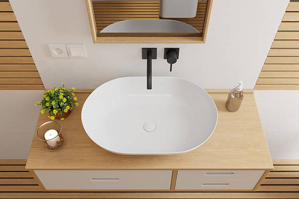 istock Japandi Compact Bathroom with Horizontal Pine Paneling and Matte White Stone Tiles 2236064802