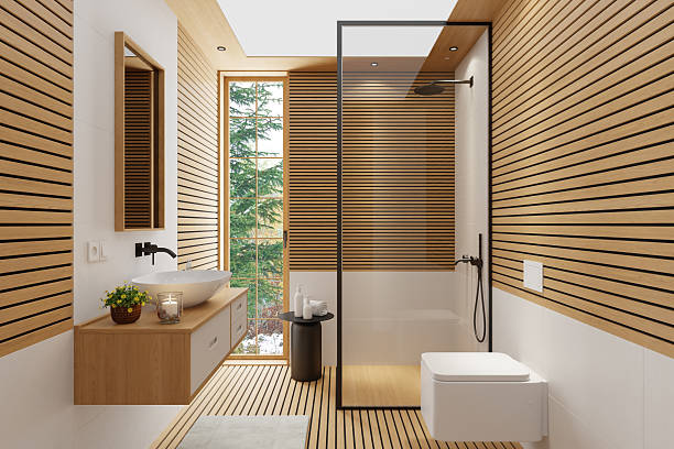 istock Japandi Compact Bathroom with Horizontal Pine Paneling and Matte White Stone Tiles 2236065145