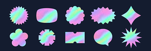 istock Hologram Silver Stickers Set. y2k Holograph Rainbow Textured Geometric Shapes Collection. Vector Shiny Iridescent Tags Templates Isolated 2236069685