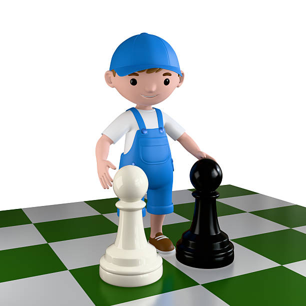 3D cartoon boy on chess board with chess pieces. 3D render.