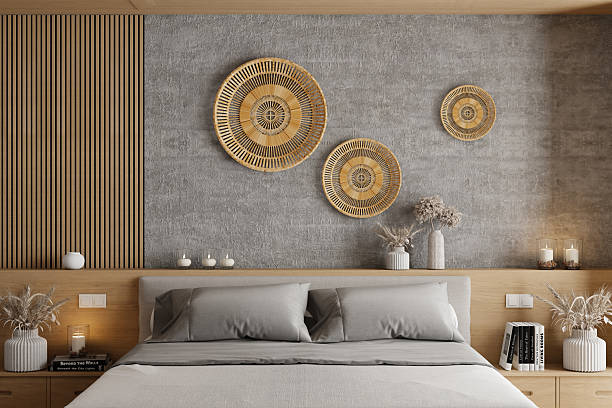 istock Japandi Bedroom Interior with Light Wood Bed and Textured Wall Accents 2236073637