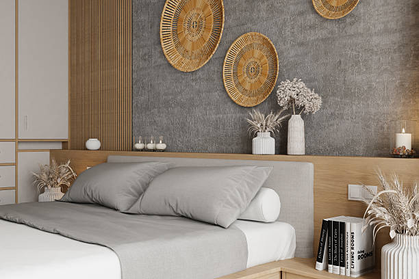 istock Japandi Bedroom Interior with Light Wood Bed and Textured Wall Accents 2236073697