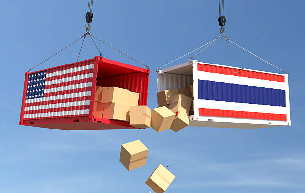 istock Trade conflict concept with American and Thailand cargo containers crash. 2236074270