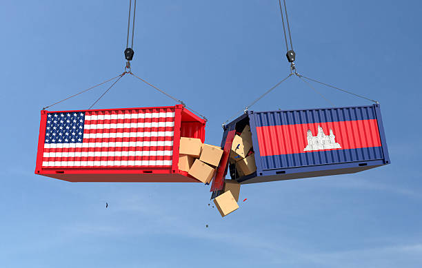 istock Trade conflict concept with American and Cambodia cargo containers crash. 2236074273