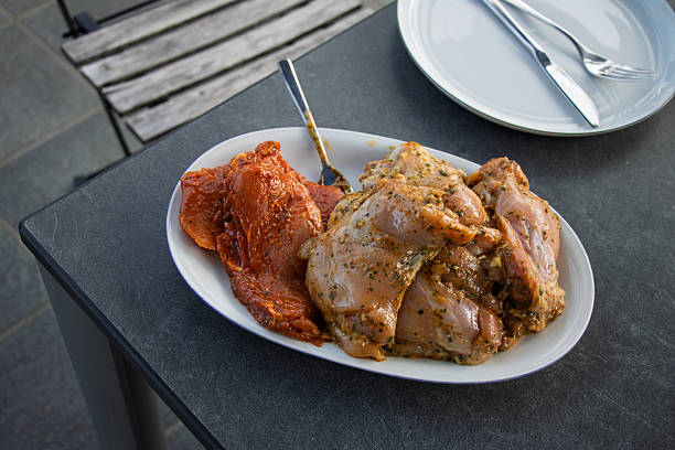 Grilled marinated chicken with dried tomatoes served on white plate - home cooking