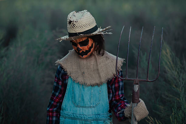 Cute scarecrow standing by a fence in autumn