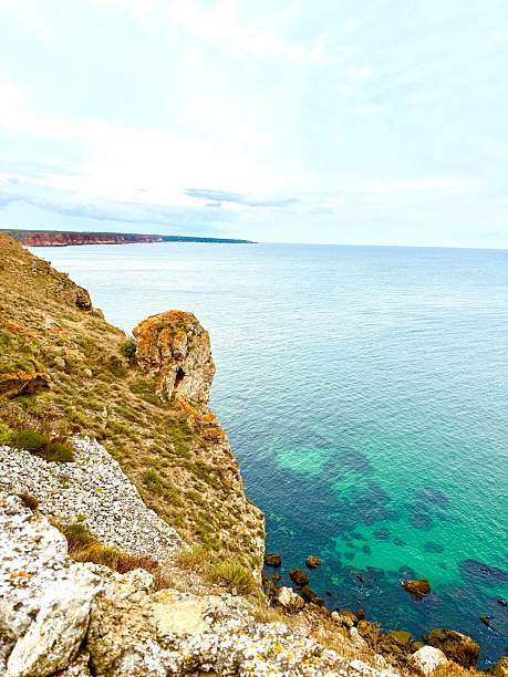 Natural landscape of Cape Kaliakra in Bulgaria with rocky coastline and deep blue sea. Scenic view of the Black Sea coast.