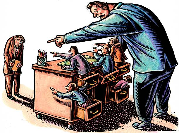 An angry boss yells at an employee, coworkers chime in.