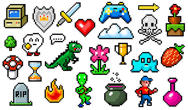 ilustrații de stoc cu obiecte pixel art pe 8 biți. resurse de joc retro. set de pictograme. arcade video de epocă. personaje și monede, trofeu câștigători. ilustrație vectorială. - pixel art