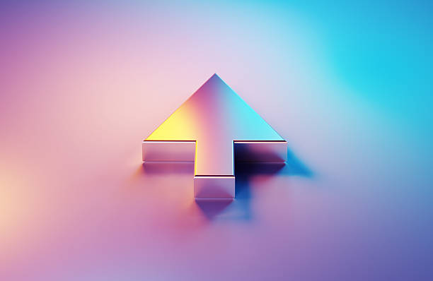 istock Arrow Symbol Illuminated By Blue And Magenta Lights On Blue  Background 2236090109