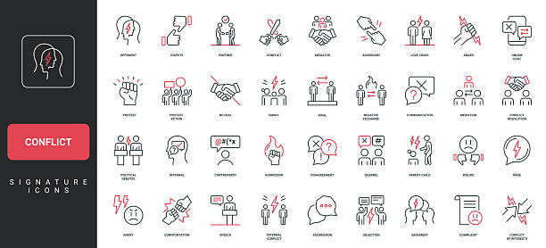 stockillustraties, clipart, cartoons en iconen met conflict, dispute with opponent, confrontation between partners, quarrel line icon set. - oorlog