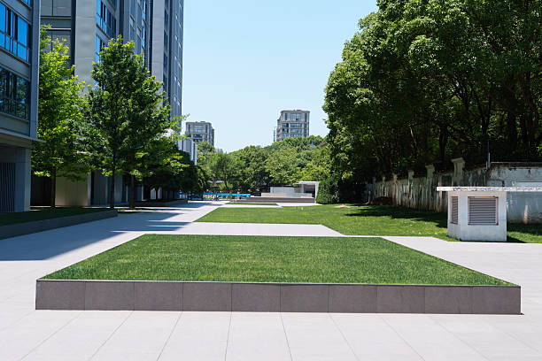 modern office building with street in city
