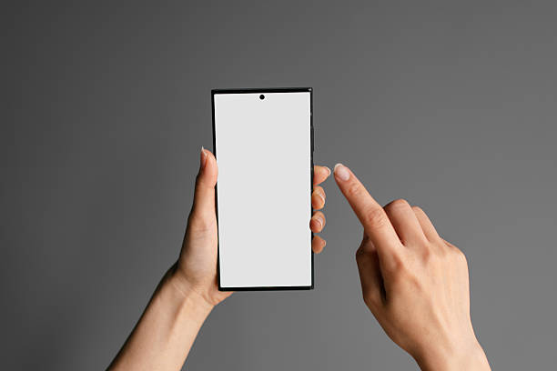 Blank background. Social network. Modern 'phubber' culture. Smartphone addict. Connection concept.