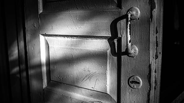 istock Black and White Old Wooden Door with Dramatic Shadows 2236100566