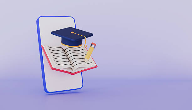 istock Online Learning book, graduation hat and mobile phone, Academic and online education 2236101486