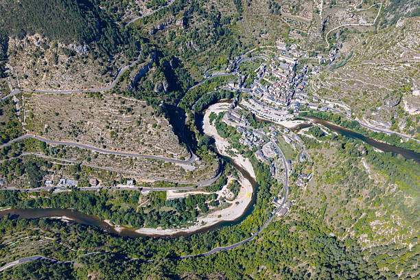 Aerial Panorama of the Gorges du Tarn and Sainte-Énimie, Most Beautiful Village of France