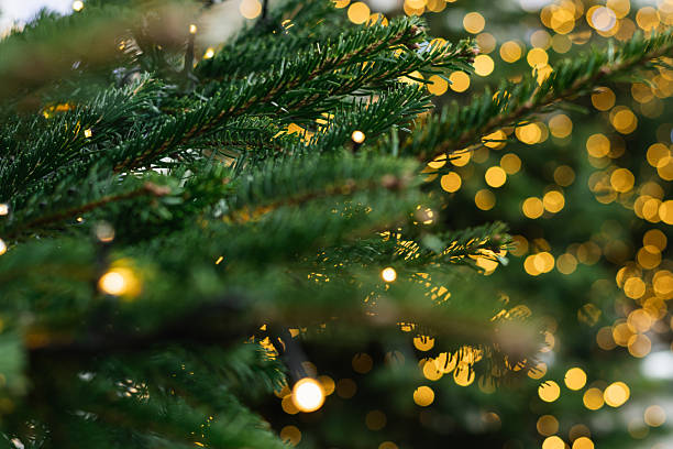 istock Blurred Christmas tree with golden garland and red balls. Abstract pattern. Xmas. 2236103593
