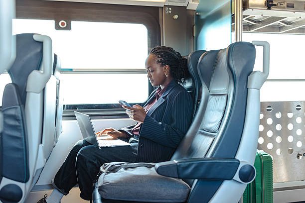 istock Businesswoman working on laptop and phone during a train commute 2236104121