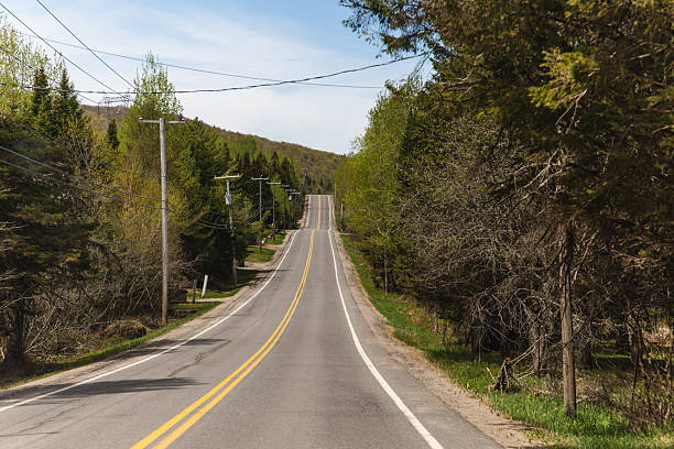 istock Scenic Countryside Road Surrounded by Green Forests and Blue Sky 2236105403