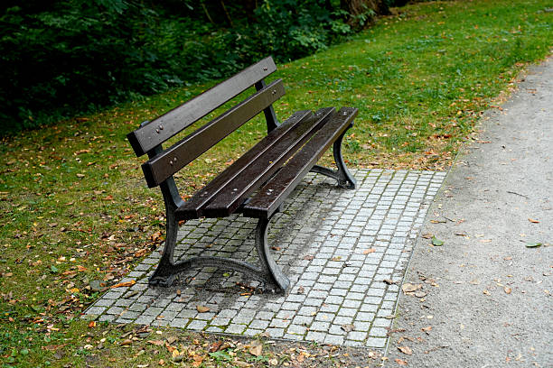 Empty wooden bench with metal legs on a paved spot in a green park. Peaceful outdoor scene with grass, trees and fallen autumn leaves.