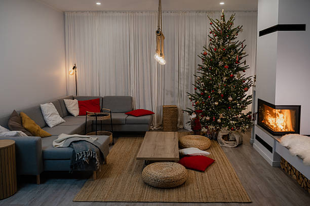 istock Festive Living Room Decorated for Christmas with Tree and Fireplace 2236108330