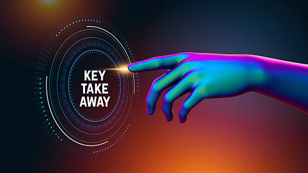 istock Key takeaway text message with 3d arm touching HUD interface for futuristic AI and IoT visualization 2236110091