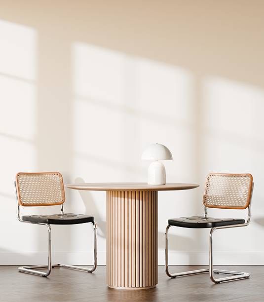 istock Minimalist Japandi Dining Room with Wooden Table and Chairs, 3D Render 2236110577