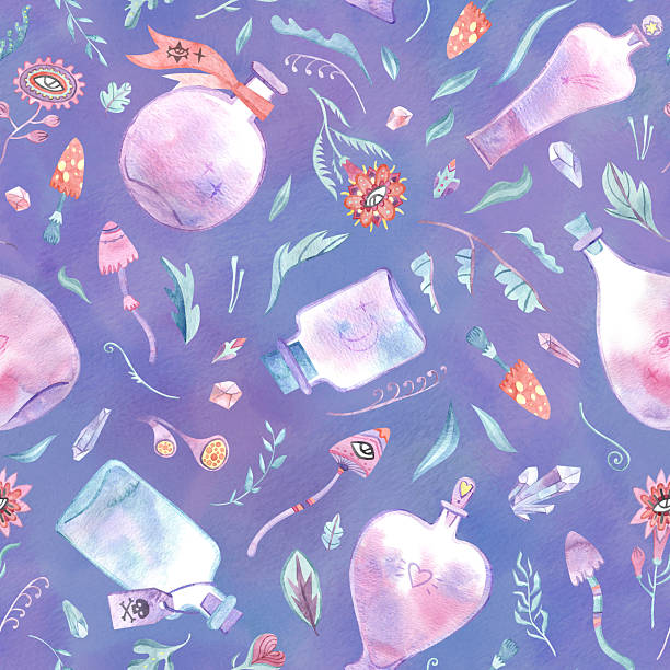 istock Watercolor seamless pattern with magical poison bottles, fungi, crystals and florals on violet background. 2236110845