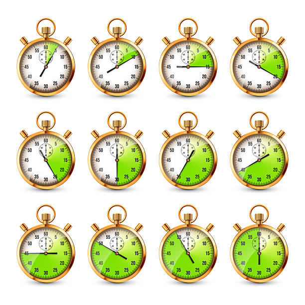 istock Realistic classic stopwatch. Shiny golden metal chronometer, time counter with dial. Green countdown timer showing minutes and seconds. Time measurement for sport, start, finish. Vector illustration 2236113620
