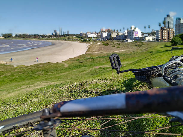 Parent, boy and bicycle at beach, promenade and with teaching, support and happy on vacation. Person, child and bike with learning, adventure and play in summer with bonding by ocean