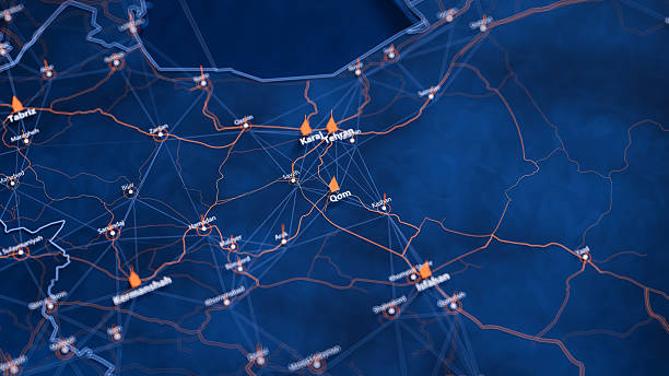 istock Qom map big data visualization. Futuristic map infographic of city in Iran. Visual map data complexity in modern blue and orange colors 2236114688