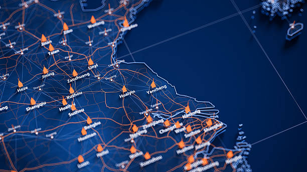 istock Yancheng map big data visualization. Futuristic map infographic of city in China. Visual map data complexity in modern blue and orange colors 2236115058