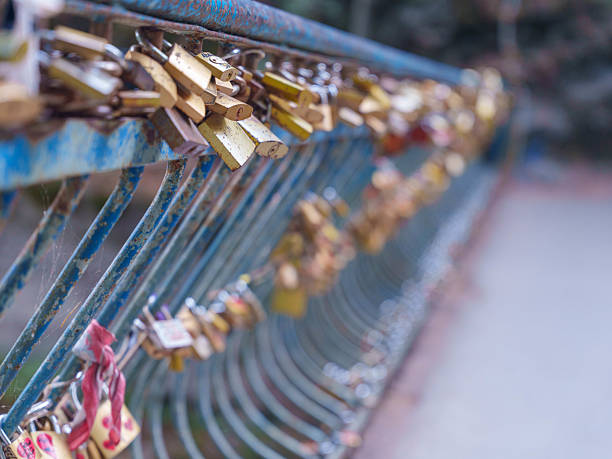 Love Locks on Bridge Railing in Urban Setting. High quality photo