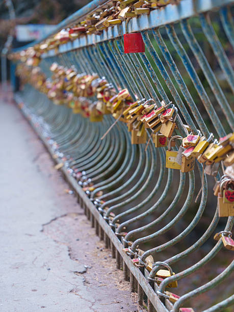 Love Locks on Bridge Railing in Urban Setting. High quality photo
