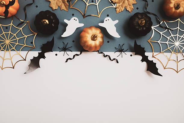 istock Happy halloween background with party decorations from pumpkins, bats, spiderweb, ghosts top view. Mystic autumn holiday greeting card concept. 2236121296