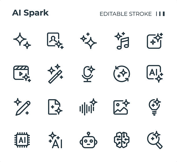 стокові ілюстрації на тему набір піктограм ai spark. редагована товщина обведення. піксельні ідеальні іконки. - штучний інтелект