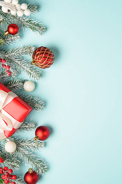 istock Christmas flat lay background. Christmas present with decor on blue with copy space. 2236122969