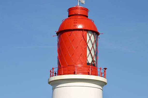 istock Bright red and white striped lighthouse stands tall under a clear blue sky, serving as a coastal beacon. Traditional structure with lantern room, perfect for maritime, travel, or coastal themes. 2236124133