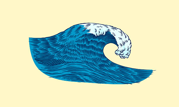 Atlantic tidal waves and red sun. Vintage old engraved hand drawn labels. Marine and nautical or sea, ocean in Japanese style for banner, background or poster. Isolated vector illustration