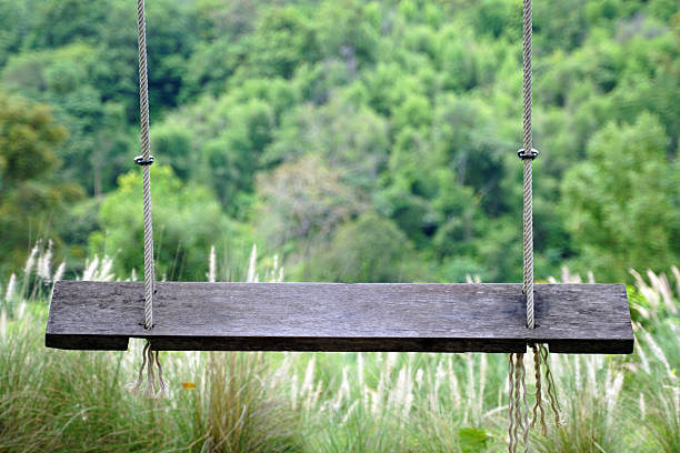 A rustic wooden swing hangs by ropes in front of a blurred green forest and feathery white grasses. Evokes feelings of peace, nature, and childhood freedom.