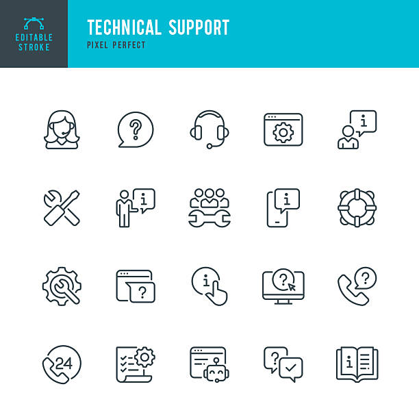 Technical Support - thin line vector icon set. Pixel perfect. Editable stroke. The set consists of icons such as Customer Support, Customer Service, Help Desk, Information, Call, Work Tool, Life Belt. Technical Support - thin line vector icon set. 20 icons. Pixel perfect. Editable stroke. The set consists of icons such as Customer Support, Customer Service, Help Desk, Information, Call, Work Tool, Life Belt. remote support stock illustrations
