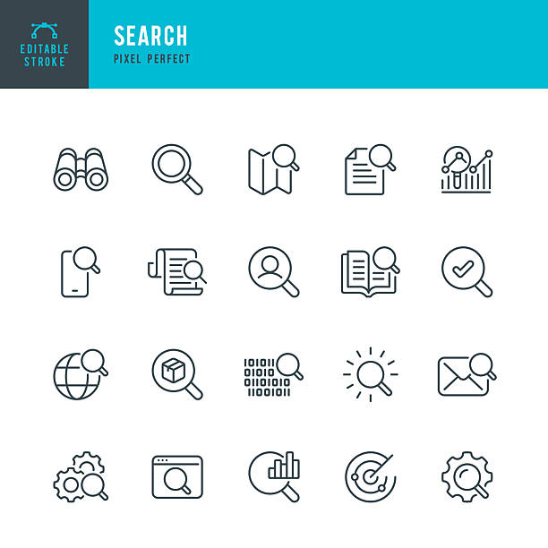 search - набор векторных иконок тонкой линией. идеальный пиксель. редактируемый мазок. набор состоит из таких иконок, как лупа, бинокль, поисков - искать stock illustrations