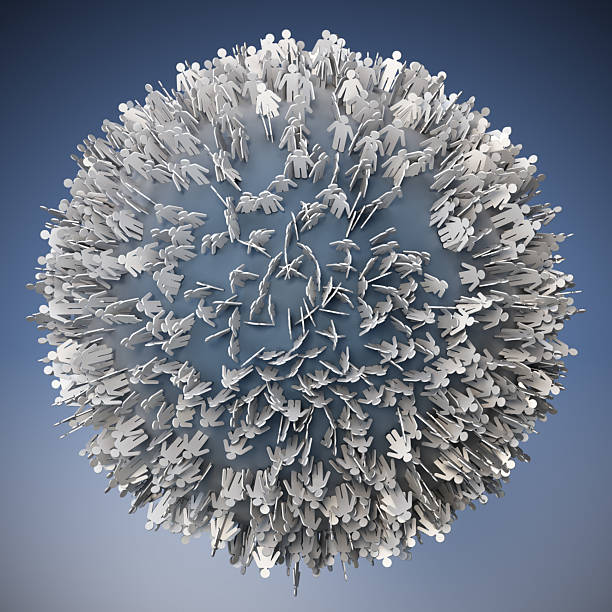 A unique spherical sculpture showcases numerous small human figures clustered closely together. The piece stands out with its intricate design and rich detail against a smooth blue background.