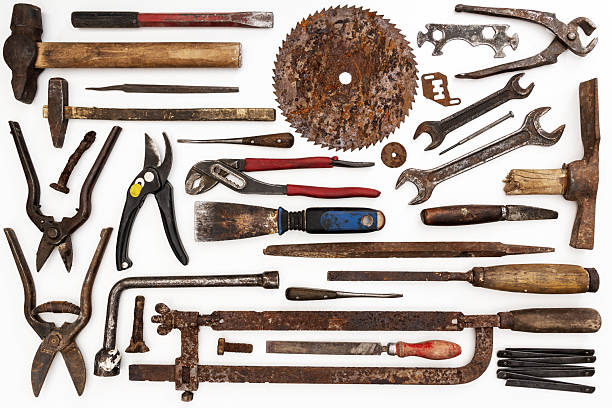 istock Flat lay of old hand tools on white background. 2236129516